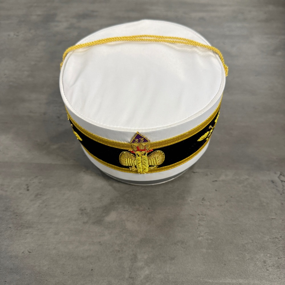 Scottish Rite 33rd Degree Mason Cap Mens 7‎ 1/4 White Gold Bullion Masonic Hat